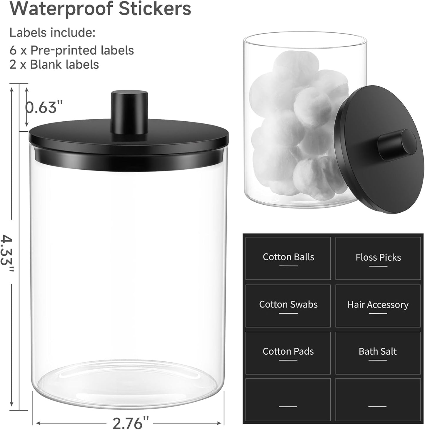 TIPGO Glass Qtip Holder Dispenser - 10 oz Clear Apothecary Jar for Cotton Swabs & Makeup Storage | 2 Pack, Black