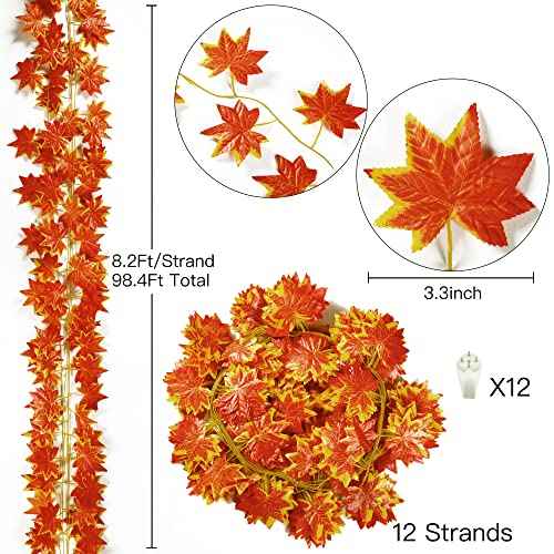 Sggvecsy 12 Pack 92Ft Fall Leaf Garland Artificial Maple Leaves Silk Autumn Hanging Vines Red Ivy Garland for Thanksgiving Home Wedding Party Garden Fireplace Christmas Decor