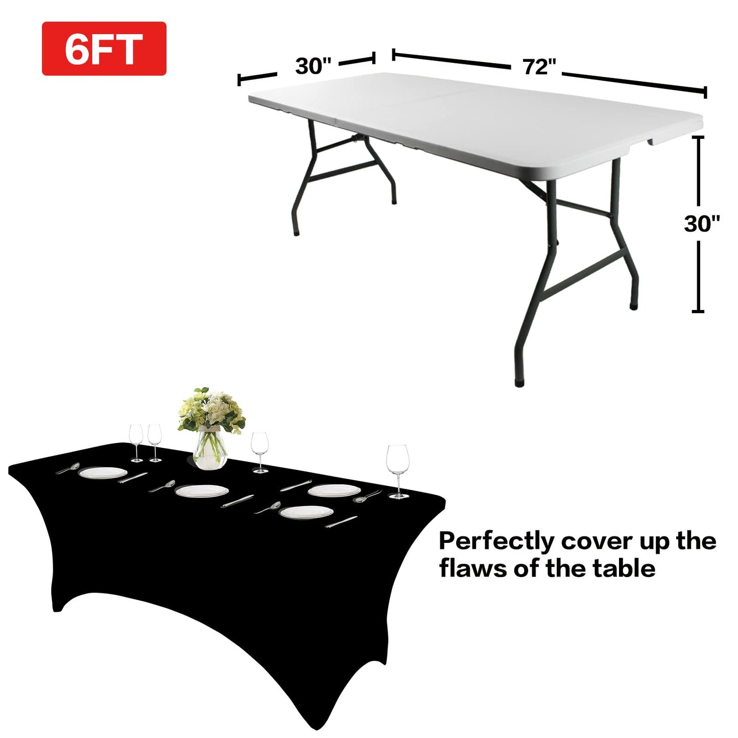 IVAPUPU 6FT Spring Table Cloth for Rectangular Fitted Events Stretch Black Table Covers Washable Cover Spandex Tablecloth Protector for Party, Wedding, Cocktail, Banquet, Festival