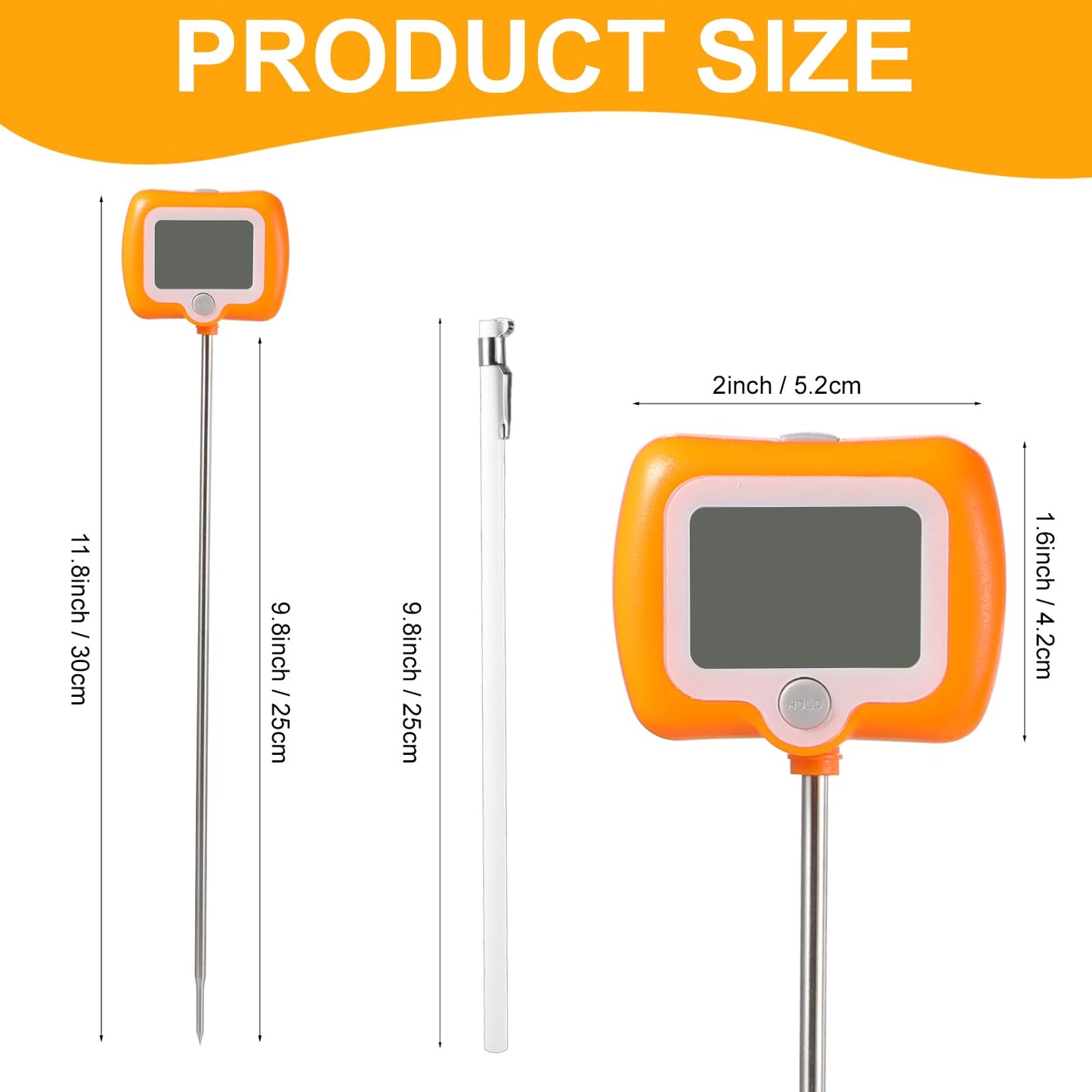 2 Pcs Digital Candy Thermometer with Pot Clip, Waterproof Instant Read Thermometer for Cooking Baking Frying, Deep Fryer Thermometer for Oil Sugar Turkey Candle Making, Long Probe Rotatable Display