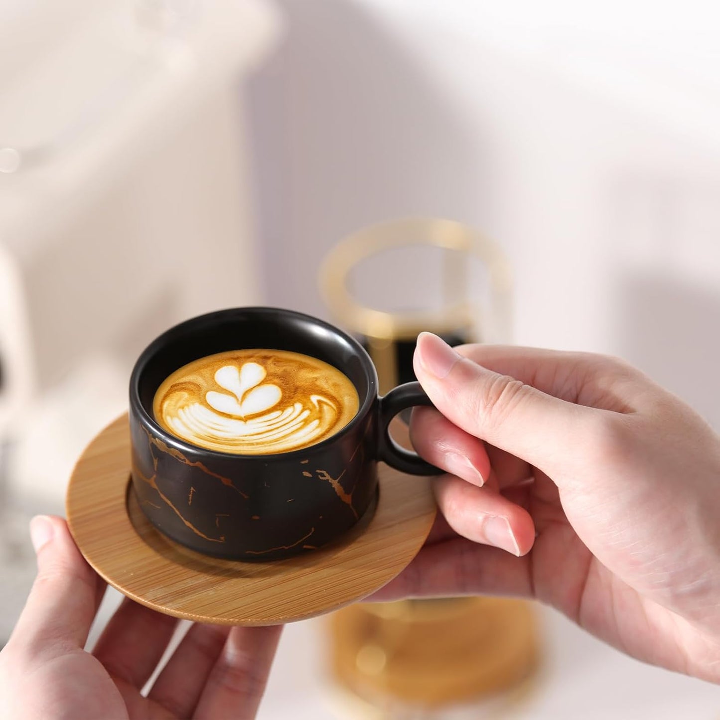 LURRIER Porcelain Espresso Cups Set - Stackable 3 Ounce Ceramic Mugs with Saucer & Metal Stand | Black (Set of 4)