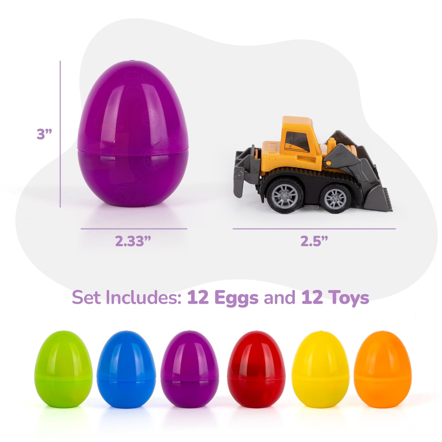ArtCreativity Pre Filled Easter Eggs with Plastic Vehicles Inside - 12 Colorful Surprise Eggs for Kids with Pullback Construction Truck Toys - Easter Hunt Supplies - Basket Stuffers