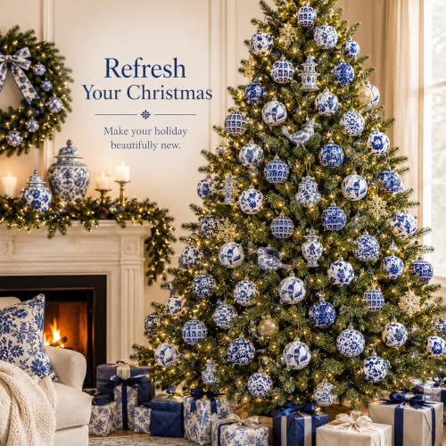 Preboun 12 Pcs Christmas Chinoiserie Blue Ornaments 1.97 Inch