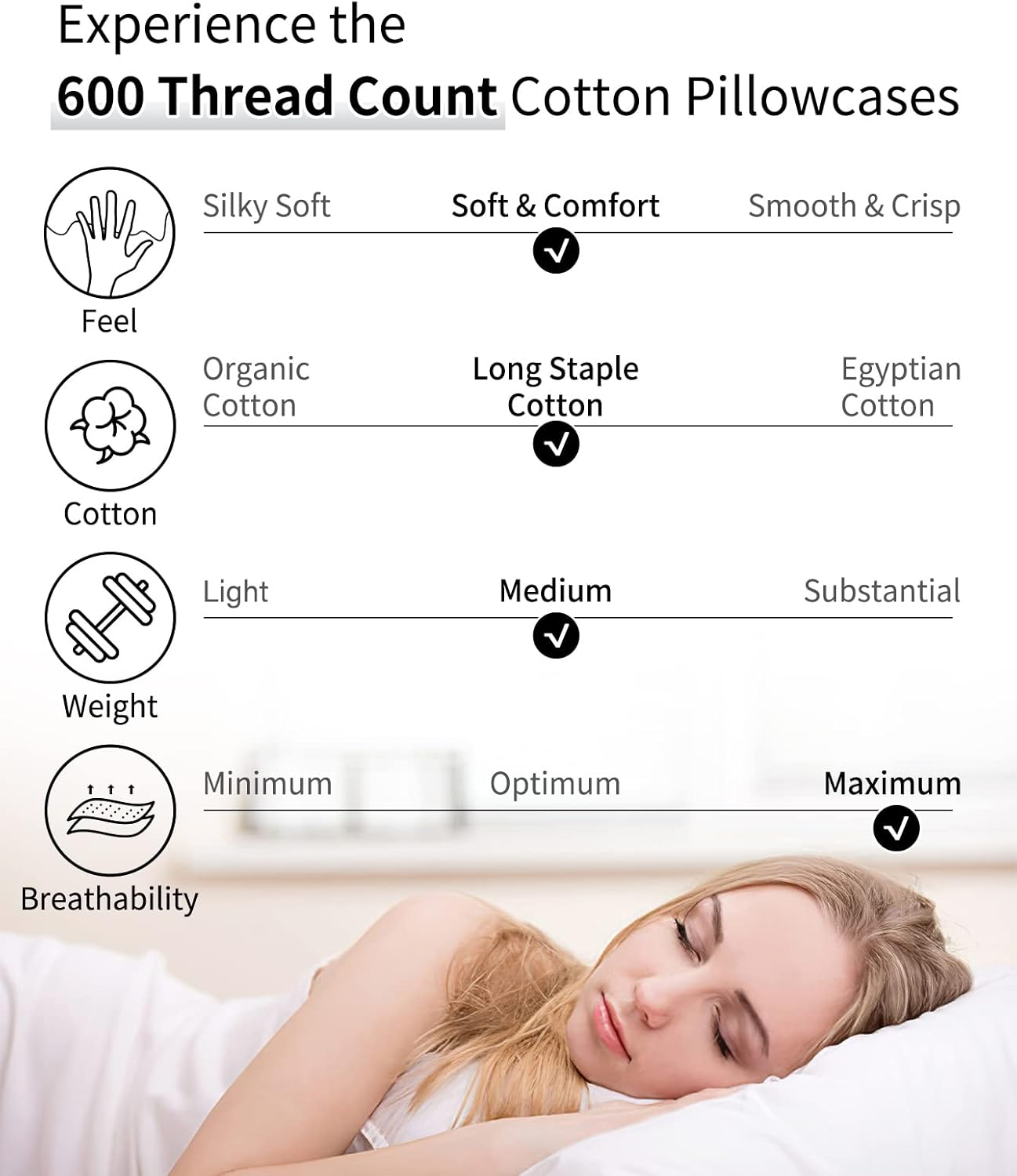 Warmstar King Size Cotton Pillowcases Set of 2 - 600 Thread Count, Soft & Breathable White 20x36 Inches