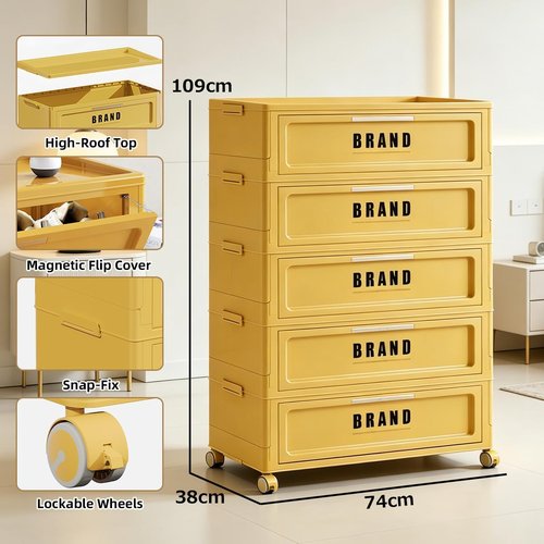 300QT Foldable Storage Cabinet - 5-Tier Organizer with Magnetic Door & Wheels | Space-Saving Red Unit for Dorm, Apartment, Office