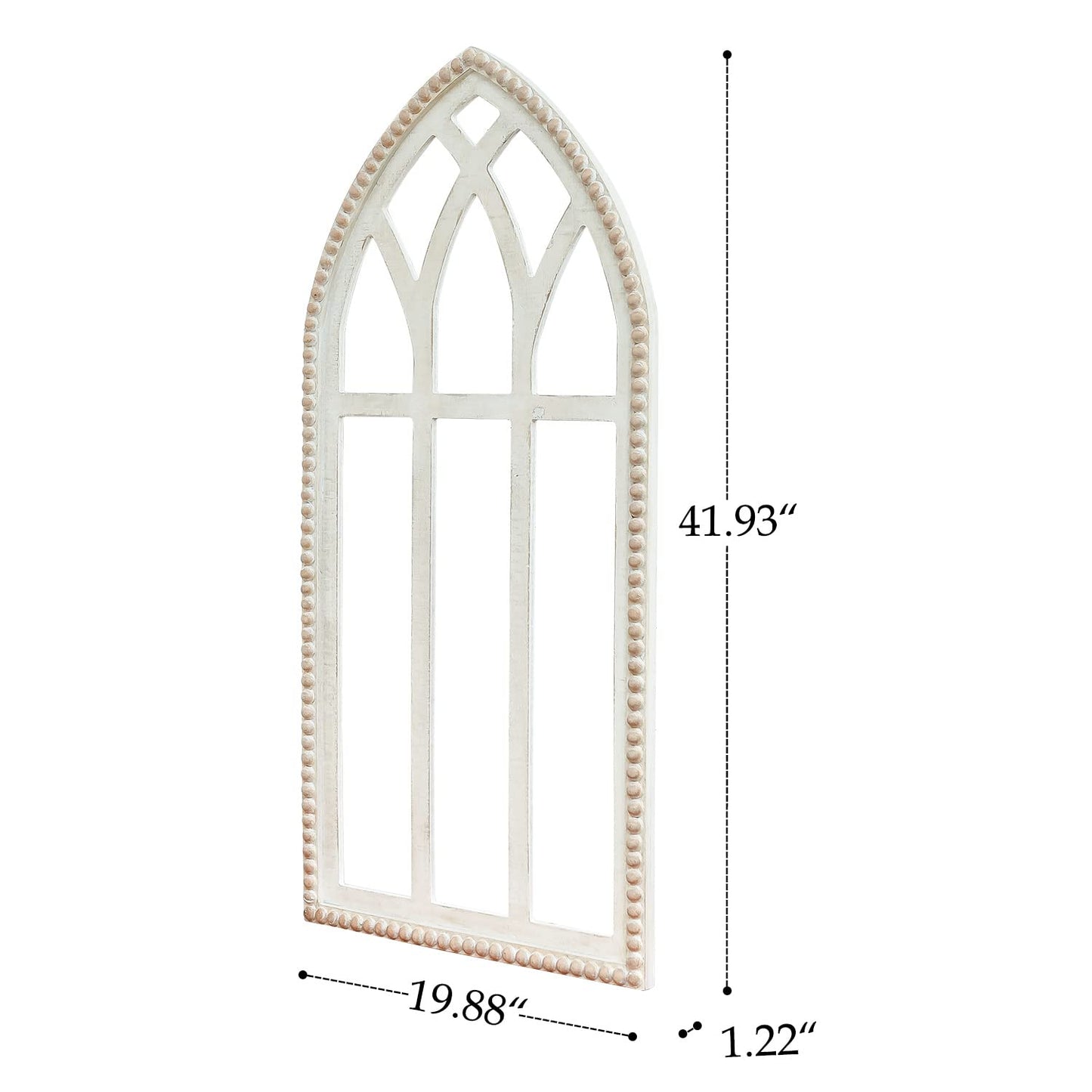 Synovana Arched Wooden Window Frame Wall Decoration, Rustic Farmhouse Wood Window Pane Hanigng Art Decor, 42 inches Gothic Cathedral Style Spire Design Wall Mounted Fake Window Decor, Distressed White