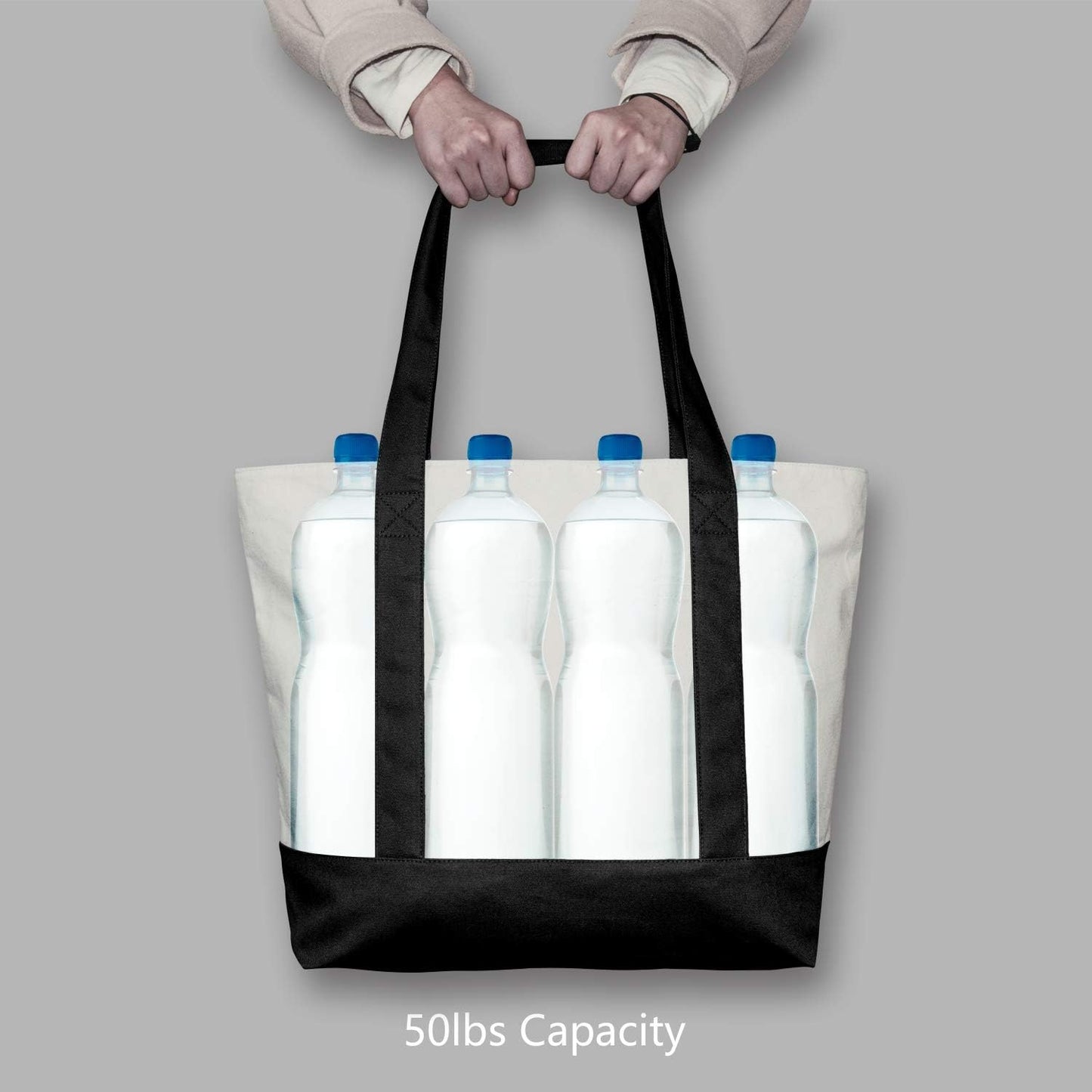 TOPDesign Canvas Tote Bag - Reusable Grocery Shopping Bag with External Pocket, Zipper Closure | Black/Natural, Pack of 1