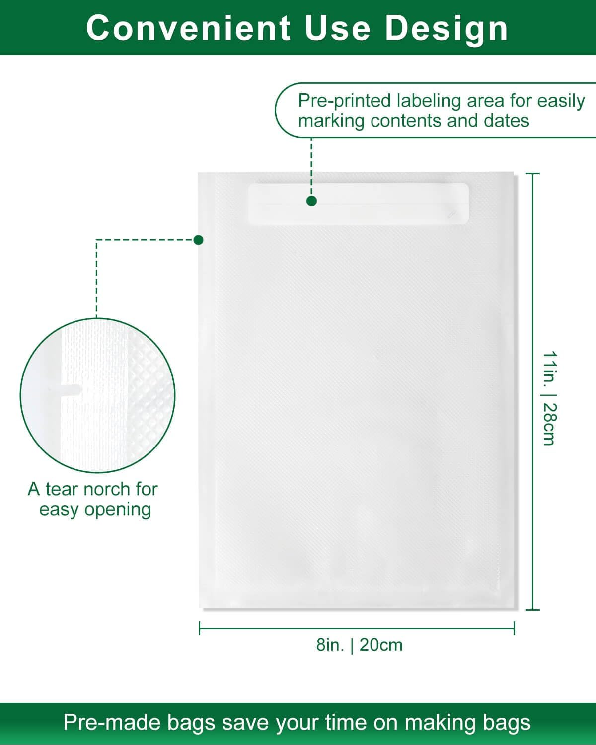 Quart Vacuum Sealer Bags - Heavy Duty BPA-Free Food Storage | 8x11 Inch, 100 Count, Precut