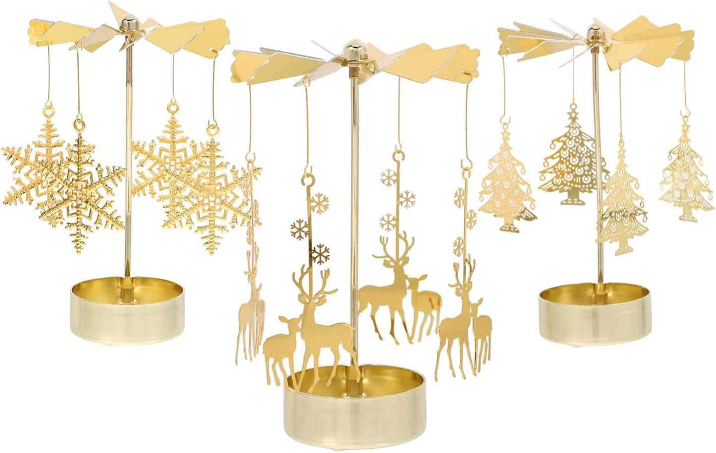 Zerodeko 3pcs Rotary Candle Holder Set - Christmas Tree, Snowflake & Reindeer Design | Metal Spinning Windmill Tea Light Holders for Festive Home Decor