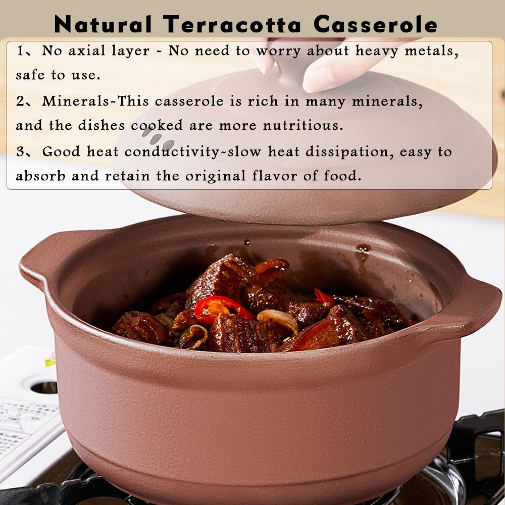 Natural Terracotta Casserole with Lids Clay Pots for Cooking, Unglazed Earthenware Rice Pots (T4-3.6QT)