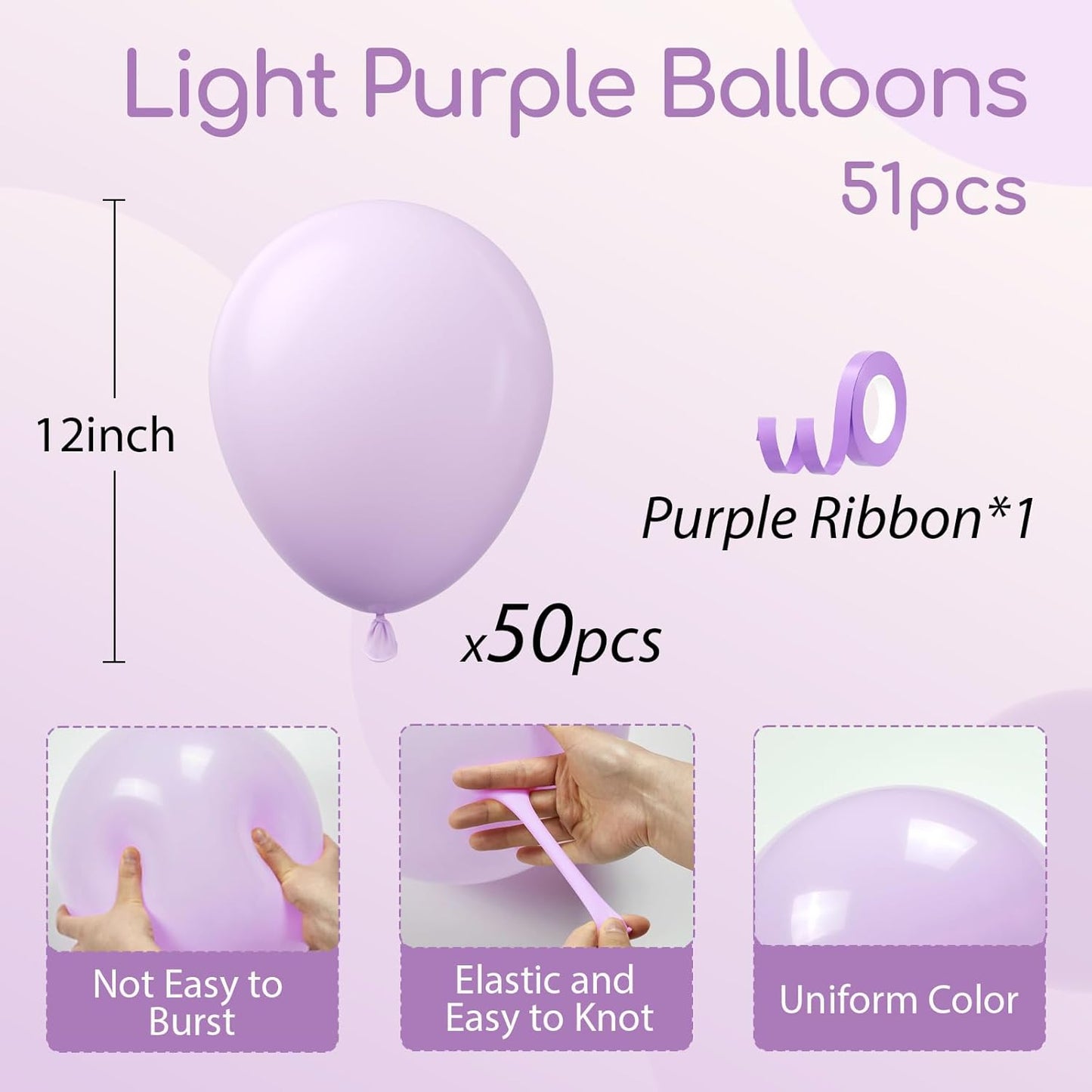Light Purple Balloons - 12-Inch Pastel Latex Balloons | 50-Pack for Weddings, Baby Showers & Birthdays