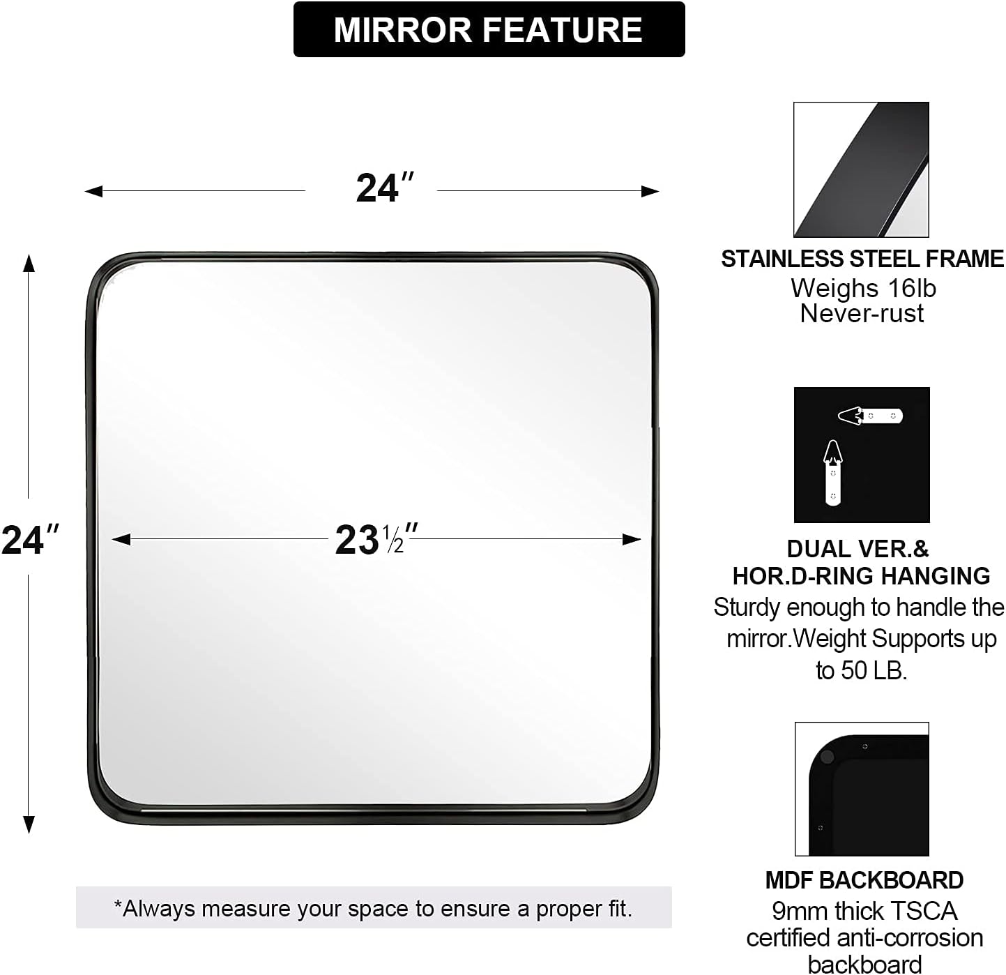 ANDY STAR Square Bathroom Mirror - 24”x24” Matte Black Metal Design with Rounded Corners | Versatile Hanging Options