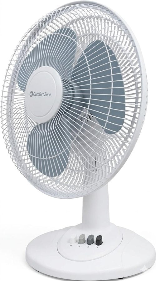 Comfort Zone 12-Inch Table Fan - Adjustable Tilt & Quiet Air Circulator | 3-Speed Desktop Fan in White