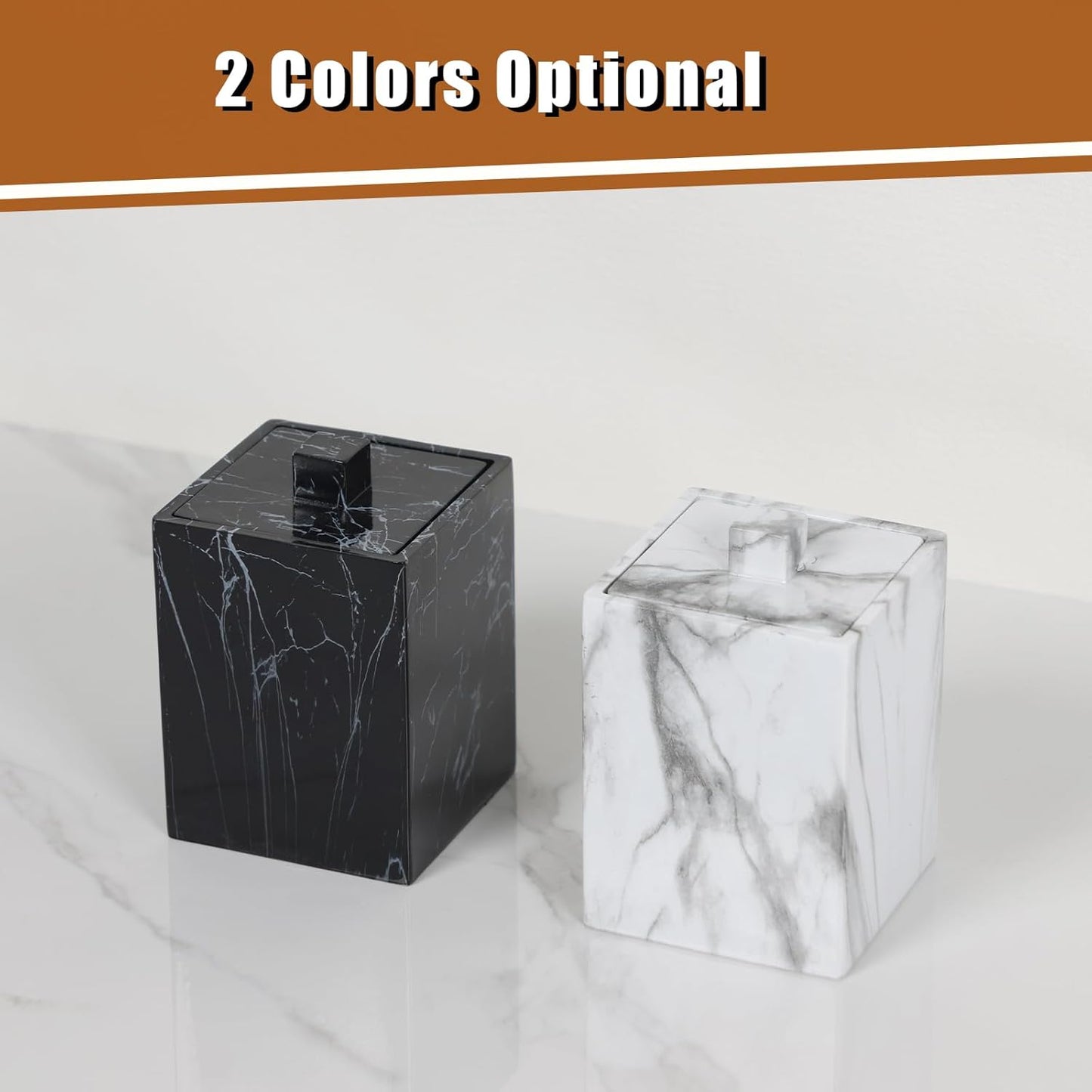 Jung Ford Cotton Swab Holders - 2-Pack Marble Pattern Resin Storage Jars for Bathroom | Black