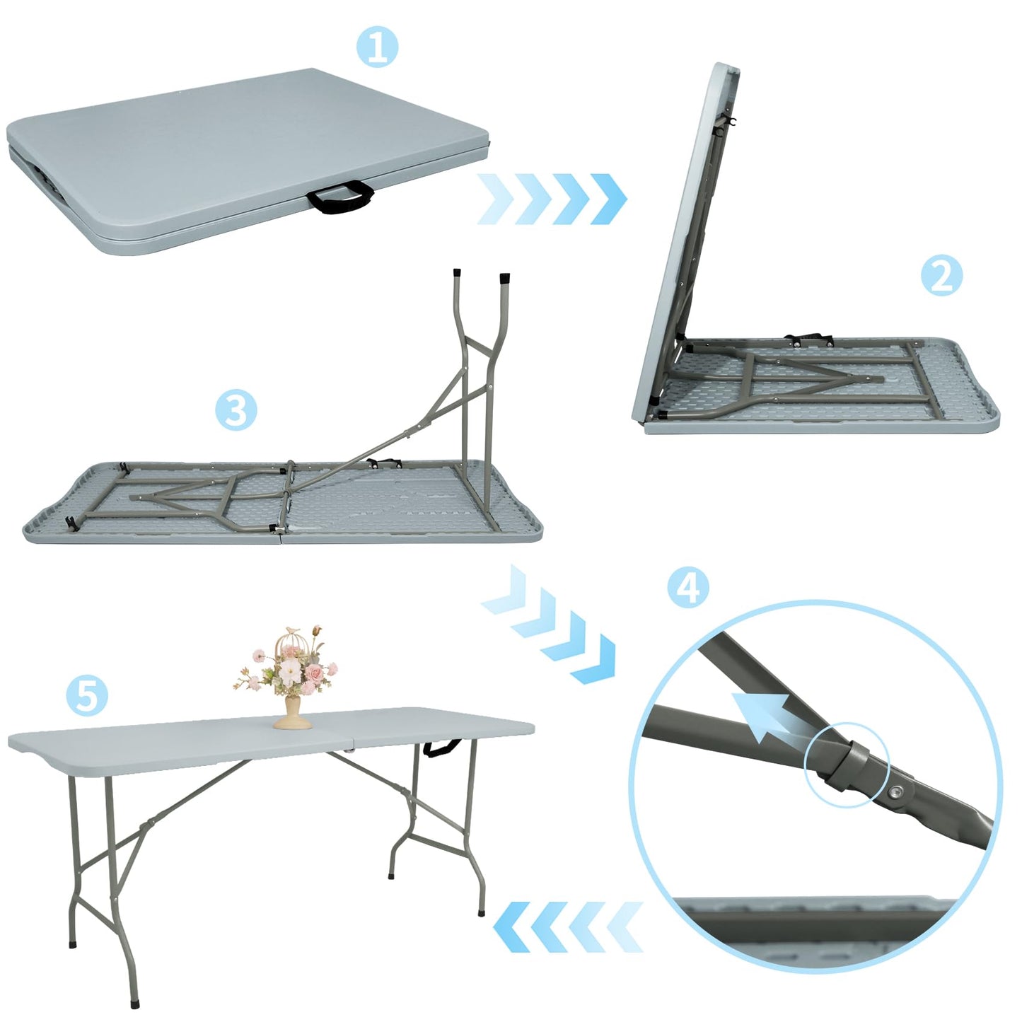 Set of 2 Folding Table 6 FT Lightweight Camping Table Portable Plastic Rectangular Outdoor Dining Table Steel Legs Fold-in-Half with Carrying Handle for Indoor,Picnic,Party,Wedding,Events(White)