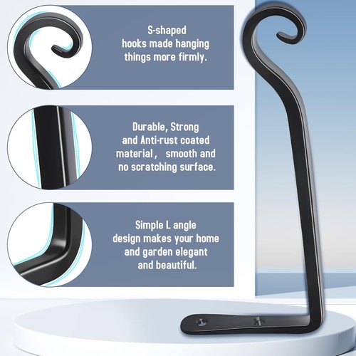 FEED GARDEN Wall Hooks for Hanging Plants - Heavy Duty Metal Brackets, 48 lbs Capacity, Rust Resistant Black | 10 Inch, 2 Pack