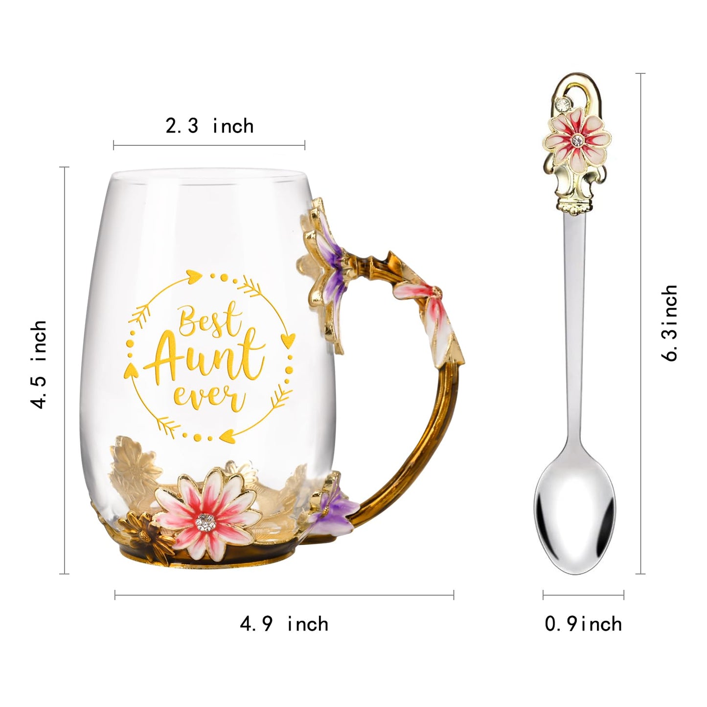 OEAGO Gifts for Aunt from Niece Nephew Tea Cup Cool Birthday Gift Enamel Flower Glass Mugs Christmas Mothers Day New Aunt Announcement Promoted
