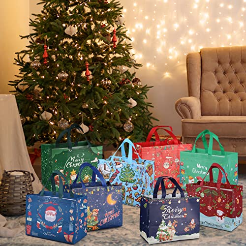 8PCS Christmas Gift Bags with Handles - Red, Green, Blue Non-Woven Tote Set