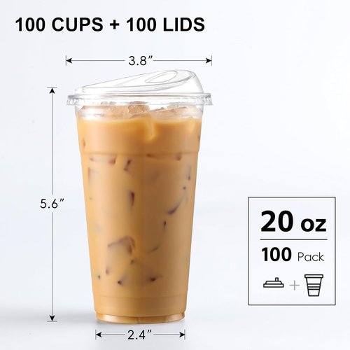 AOZITA 100 Pack 20 oz Plastic Cups - BPA-Free Disposable Iced Coffee Cups with Strawless Sip-Lids