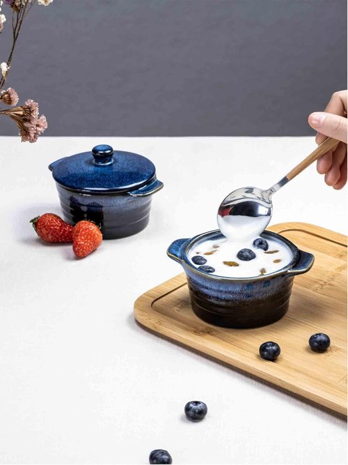 Henten Home Ceramic Ramekins - 8 oz Mini Cocotte Set of 4 with Lid & Handle | Deep Blue Casserole Dishes