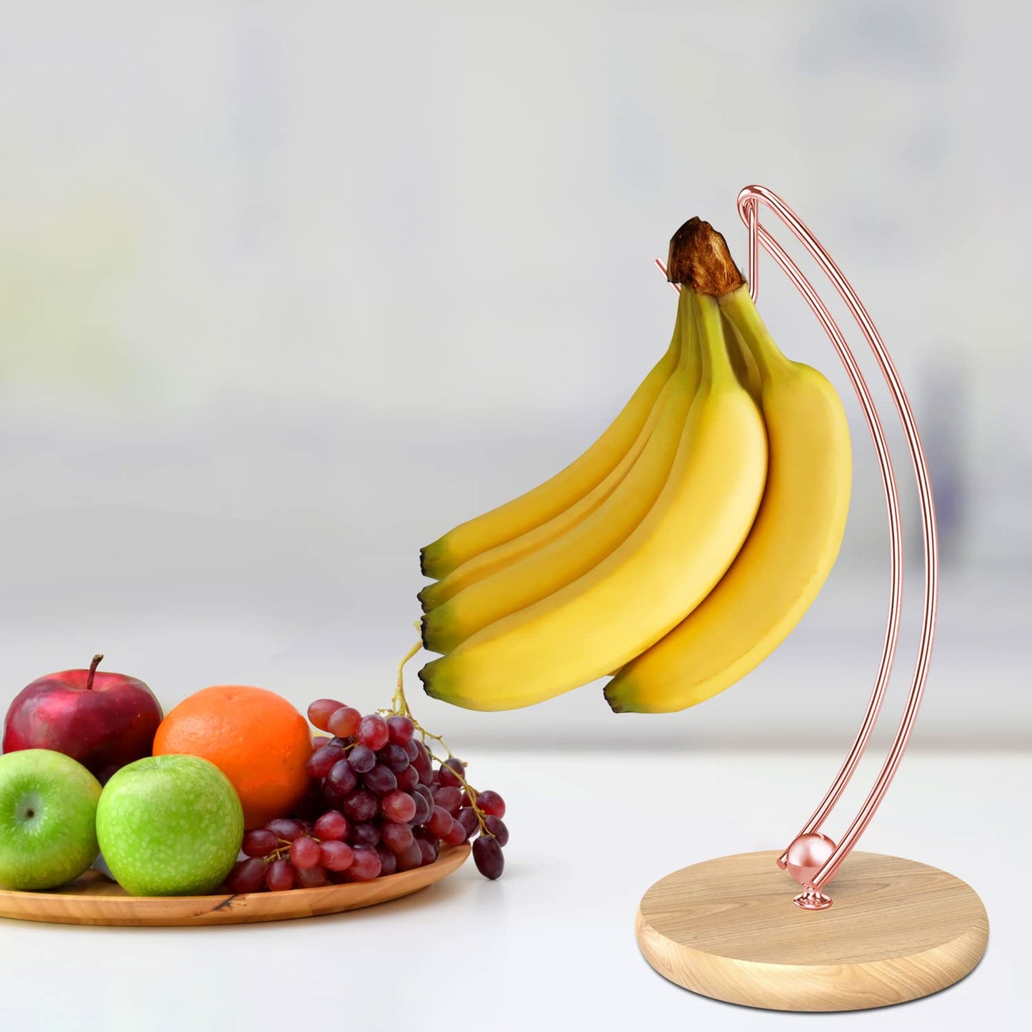 Signice Banana Holder Stand - Patented Modern Banana Tree Hanger with Wood Base Stainless Steel Banana Rack for Home Kitchen Use,Doesn't Tip Over (Rose Gold)