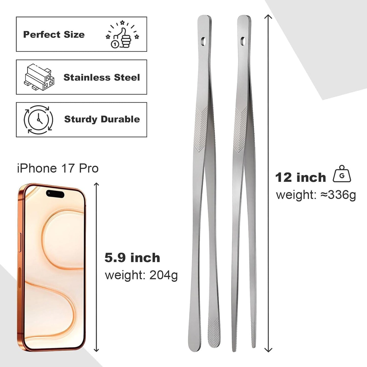 Vaincre Kitchen Tongs - 12" Stainless Steel Cooking Tweezers with Precision Serrated Tips | Perfect for Chefs & Culinary Use