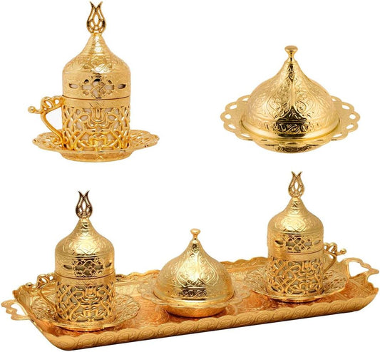 Alisveristime Turkish Coffee Set for Two - Authentic Ottoman Style Cups, Saucers, and Serving Tray with Lale Motifs (Acur) (Copper)