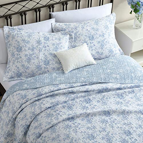 Laura Ashley Queen Quilt Set with Shams - Reversible Cotton Bedding, Walled Garden Blue, Full/Queen