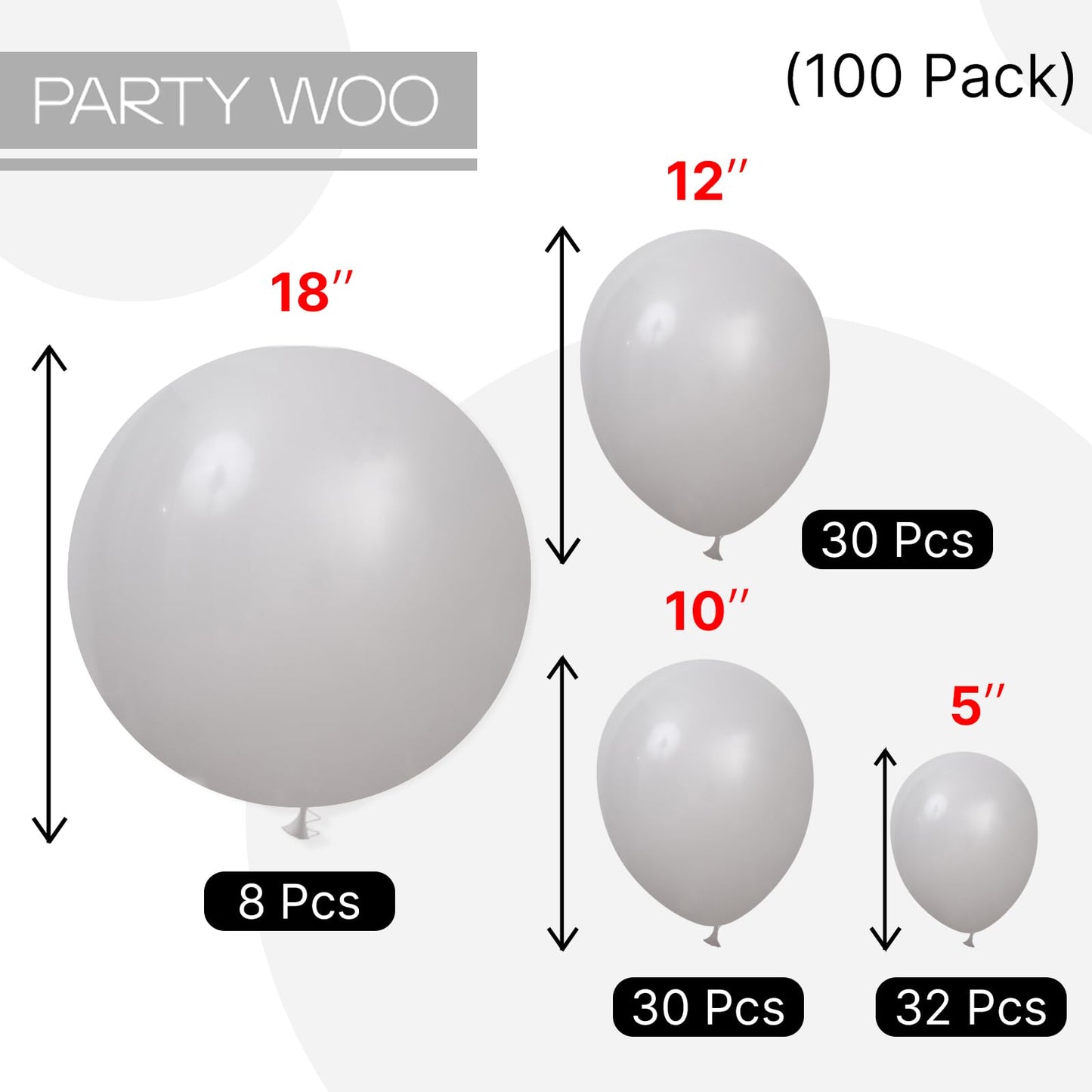 PartyWoo Gray Balloons 100 pcs Different Sizes of 18 12 10 5 Inch Matte Grey Latex Balloon Arch Kit Garland for Baby Shower Gender Reveal Graduation Elephant Birthday Party Decorations Gray-Y71
