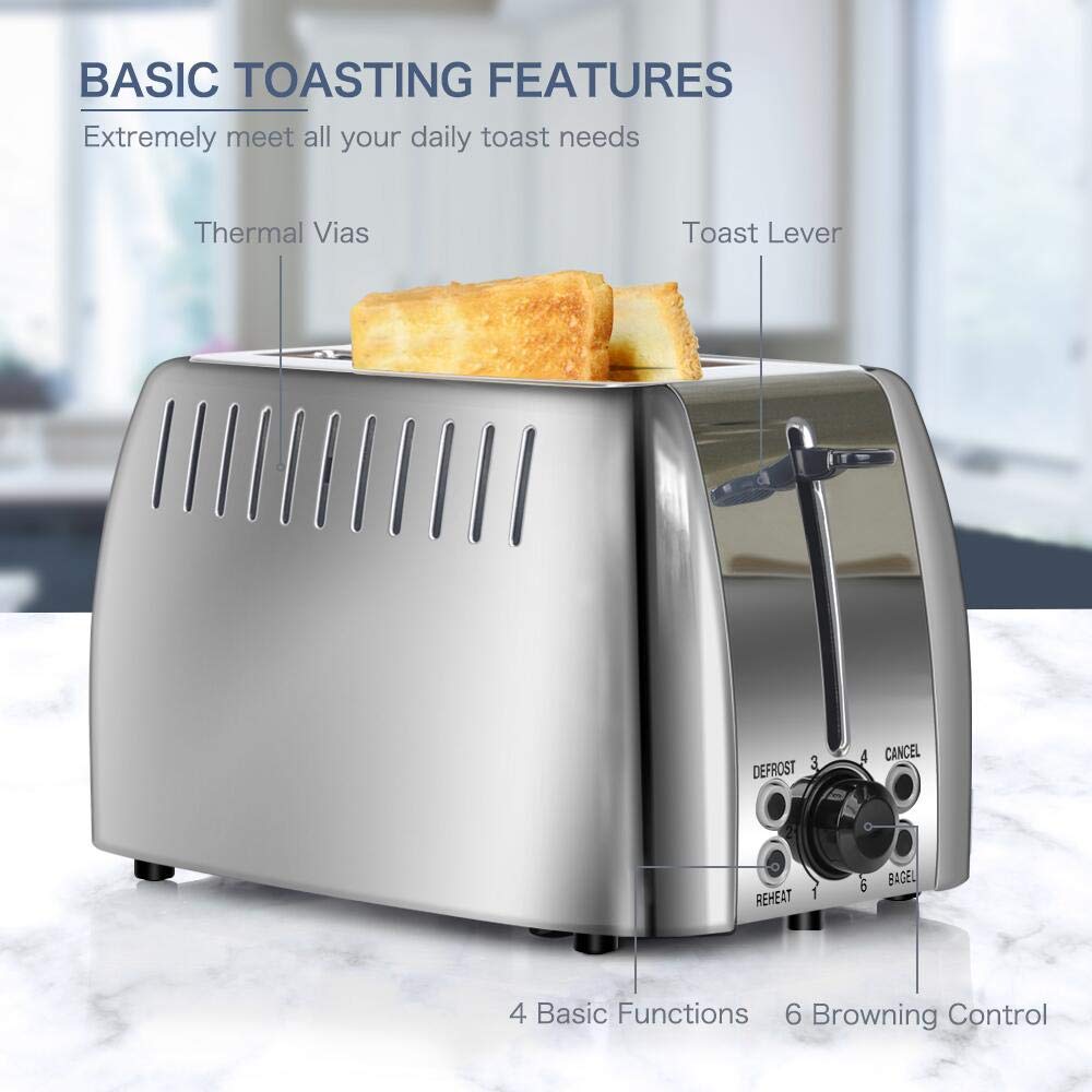 prepAmeal Toaster 2 Slice Stainless Steel Bagel Toaster Extra Wide Slots with 6 Browning Setting, Bagel/Reheat/Defrost/Cancel Function for Toasting Bread, Bagels and Waffles, 750W, Silver