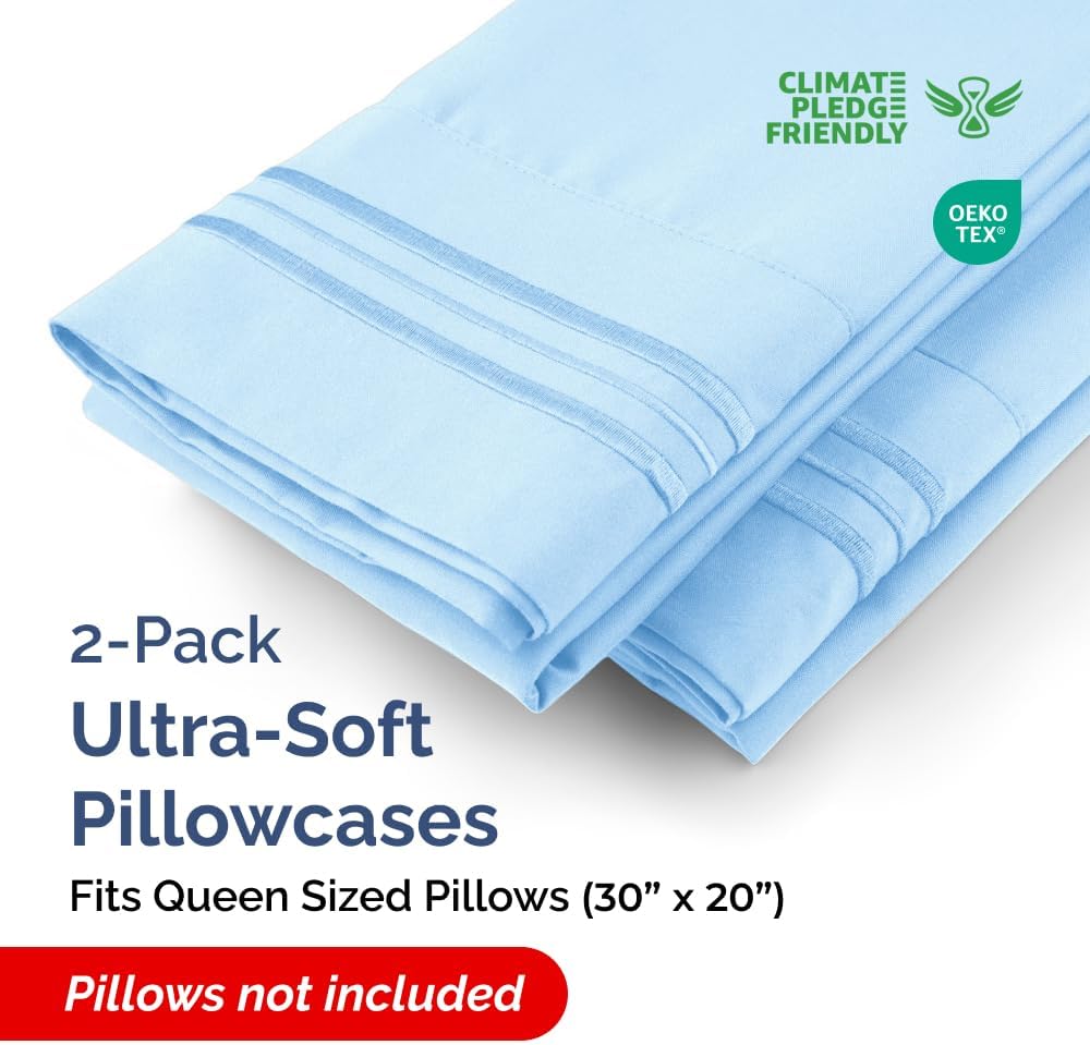 Queen Pillow Cases by [Brand Name] - Ultra Soft Hotel Quality Covers | Wrinkle-Free & Fade Resistant - Light Blue, Set of 2