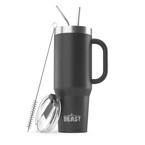 50oz Tumbler with Handle and Straw - Large Insulated Travel Mug for Water, Hot and Iced Coffee - Leak Resistant Stainless Steel Insulated Tumbler with Lid - Gifts for Mom, Women and Men (Matte Black)