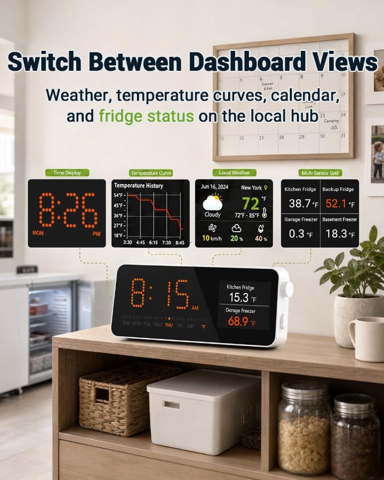 Wi-Fi Refrigerator Thermometer with Digital Hub & Remote Alerts - 1 LCD Hub + 1 Sensor