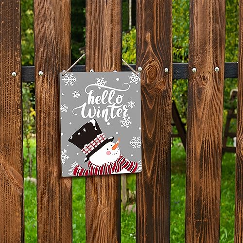 FUGWN Hello Winter Snowman Snowflake Christmas Hanging Wooden Signs 8x10, Winter Decorations for Home, Xmas Wall Decor