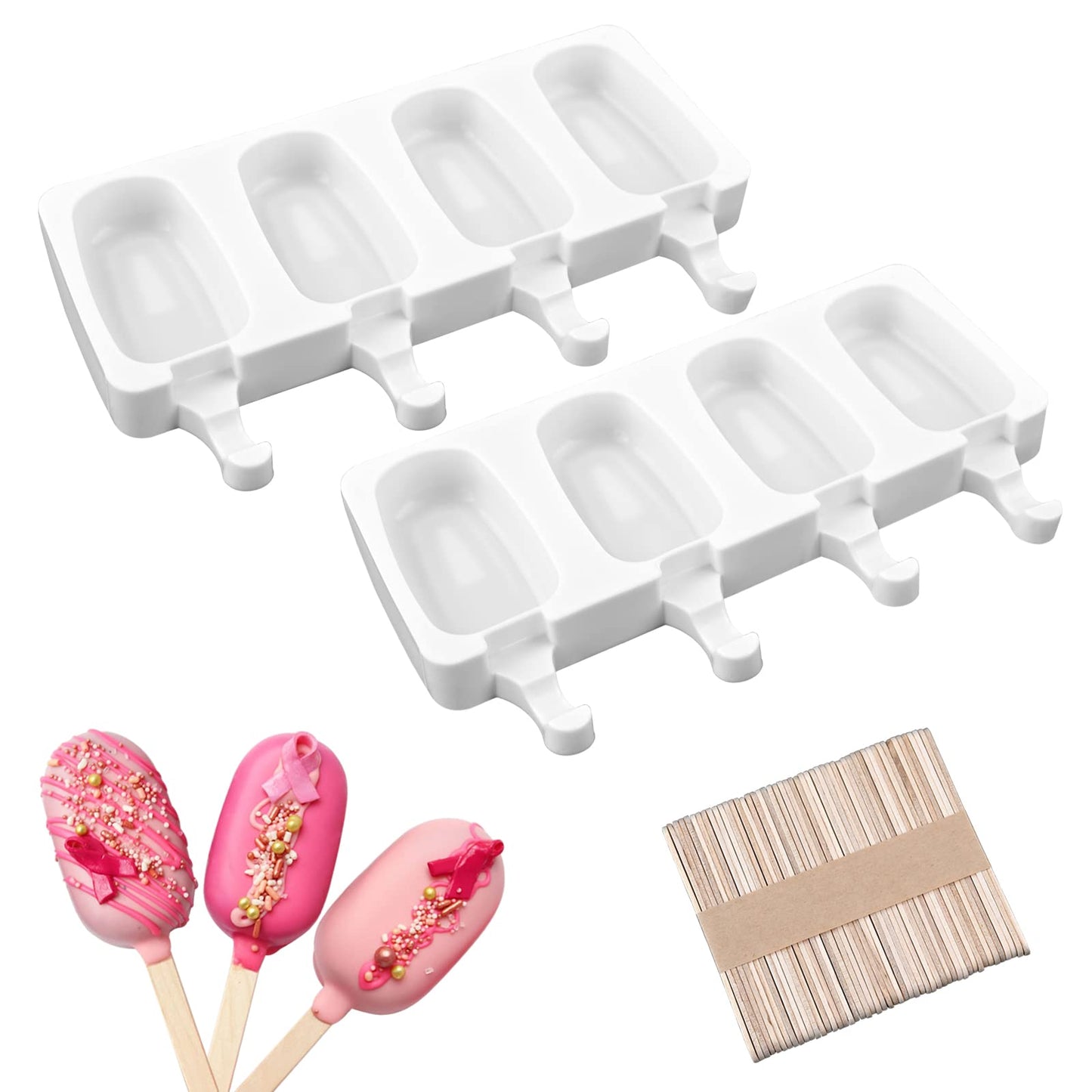 Sakolla 2 Pack Mini Popsicle Silicone Molds, 4 Cavities Oval Ice Pop Molds with 50 Wooden Sticks for Homemade Ice Cream, Cakesicles, Cake Pop (White)