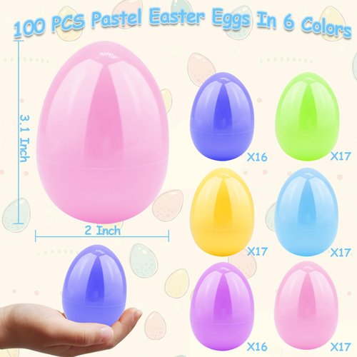AMENON 100 Pcs 3.1 Inch Large Pastel Plastic Easter Eggs Fillable Colorful Easter Eggs Empty , Easter Basket Stuffers Fillers, Essential Easter Hunt , Party Favors Classroom Prize Supplies for Kids