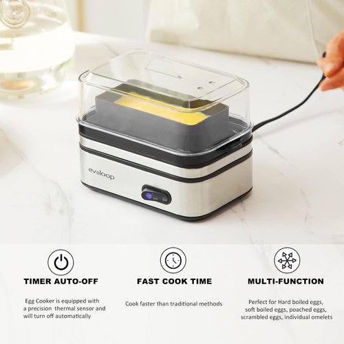 Evoloop Rapid Egg Cooker - Electric 6-Egg Capacity | Soft, Medium, Hard Boiled & Poached Eggs, Auto Shut-Off, BPA Free