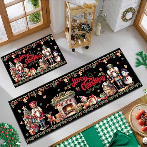 UIHGUHO 2-Piece Christmas Nutcracker Kitchen Rug Set Black 1.5x3.9 ft