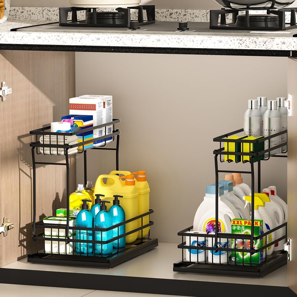 Skiennix Under Sink Organizer - 2 Tier Pull-Out Cabinet Storage with Metal Sliding Drawers | Black