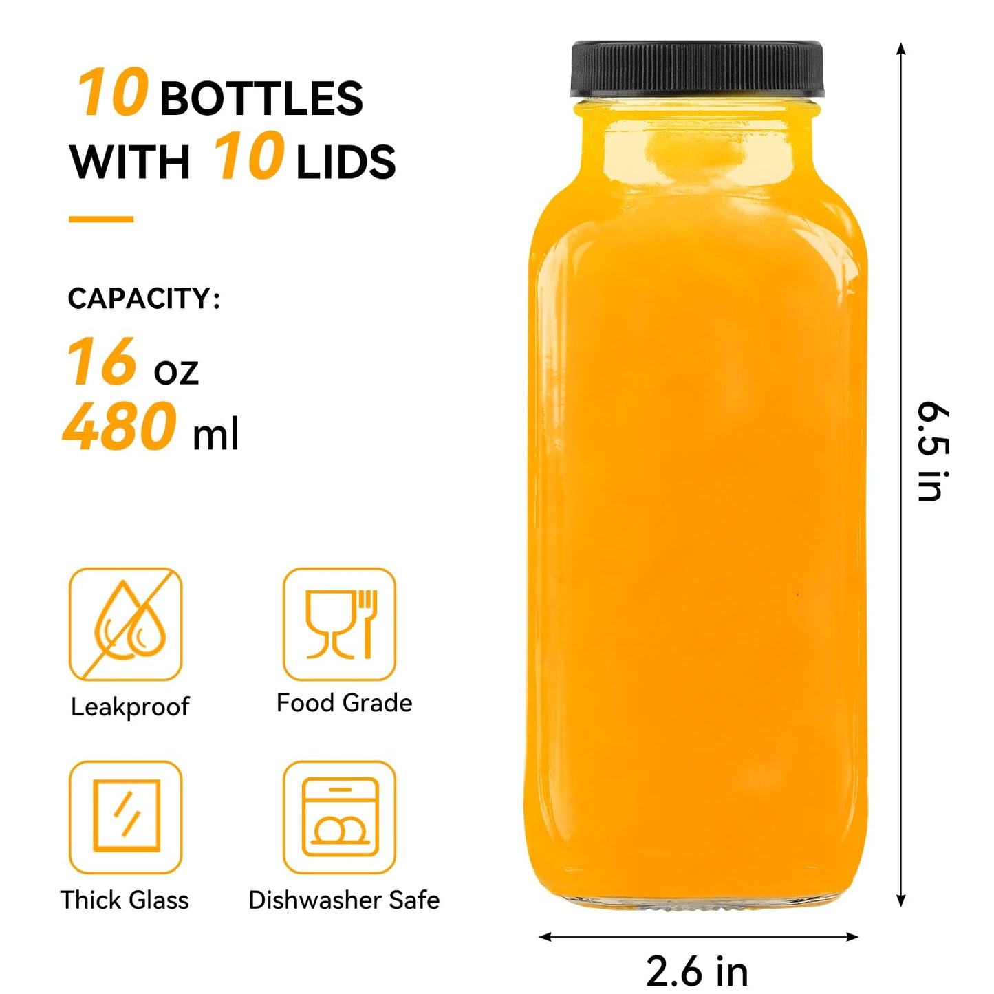 Kucoele 16oz Glass Juice Bottles with Lids, 10 Pack Reusable Smoothie Cups Water Bottles Drinking Jars with Glass Straws, Brush, Lids with Hole