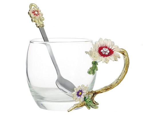 FDINF Tea Cup Gifts for Mom Women Mothers Day Glass Coffee Enamels Mug Birthday Butterfly Rose Gifts for Her Valentines Day Christmas Tea Cup with Spoon (A-Cup-Short-Chrysanthemum)
