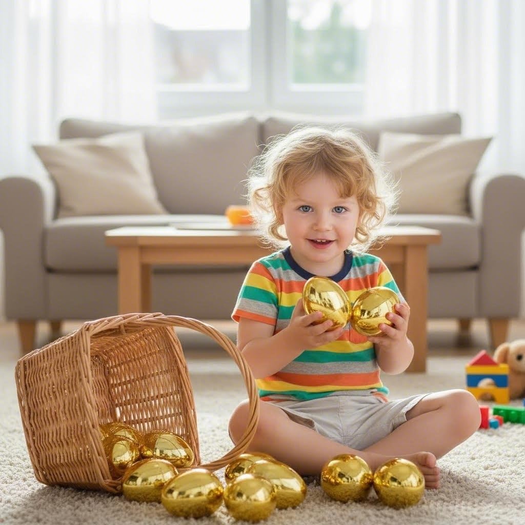 Kiddokids 12PCS Gold Easter Eggs, Metallic Plastic Empty Golden Eggs Fillable for Easter Eggs Hunt, Classroom Prize Supplies, Toys Filling Treats and Party Favors, Basket Stuffers Fillers