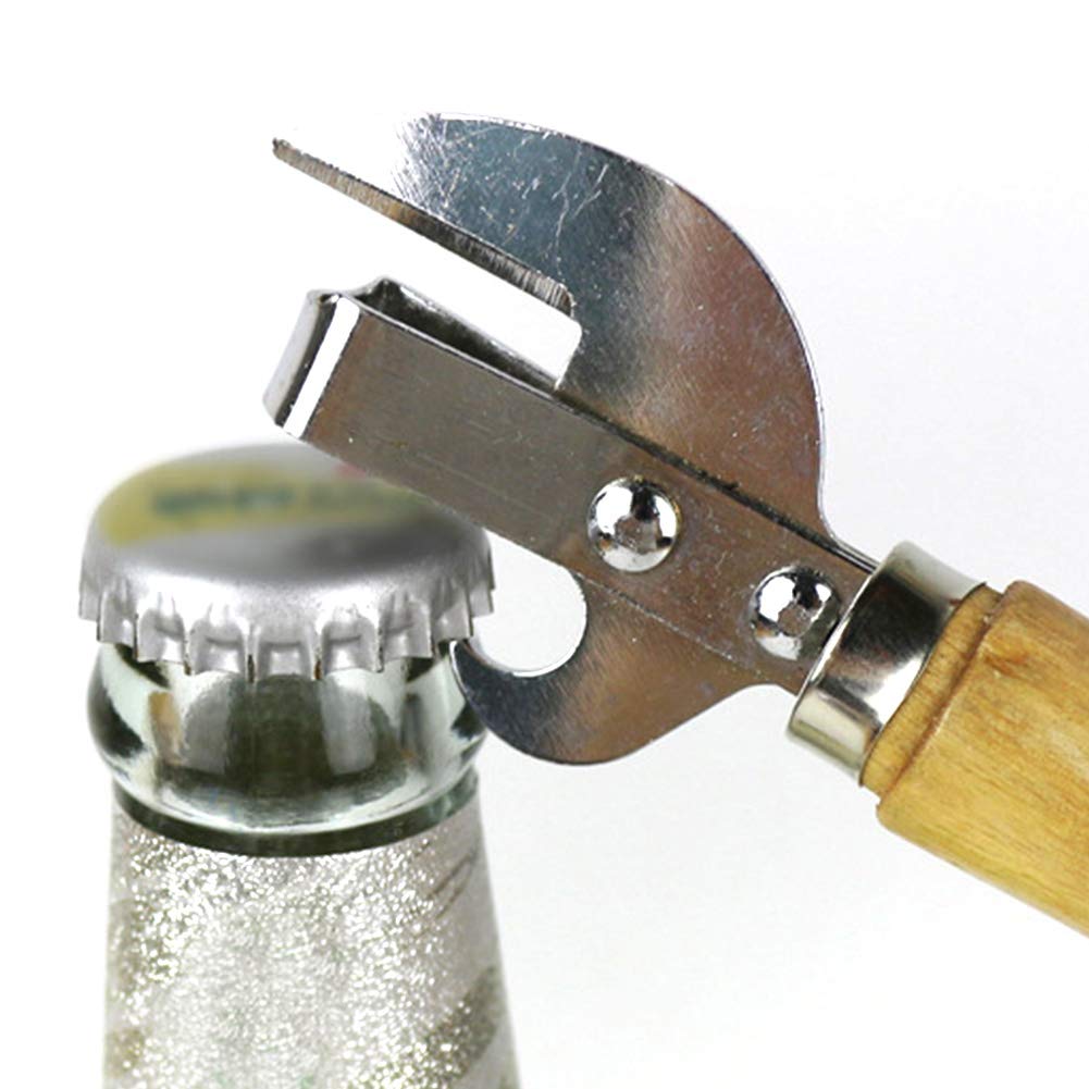 Manual Can Opener, Stainless Steel Bottle Opener Manual with Wooden Handle, Easy Open Multifunctional Side Cut Traditional Stab Can & Tin Opener for Kitchen Camping Traveling