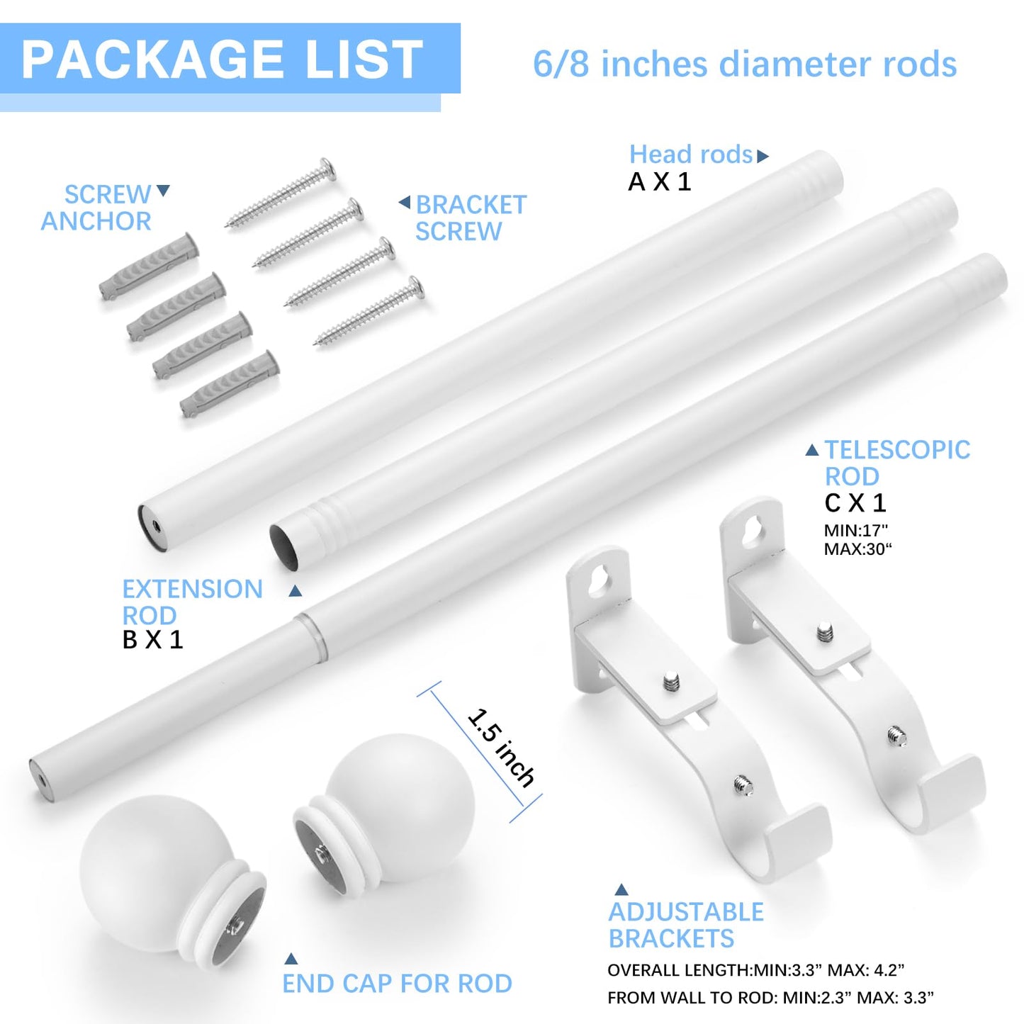AMZSEVEN Curtain Rods for Windows 16 to 48 Inches, Curtain Rod Max Adjustable Length of 60 IN, 6/8" Diameter Drapery Rods Round Finials, White, Pack of 1