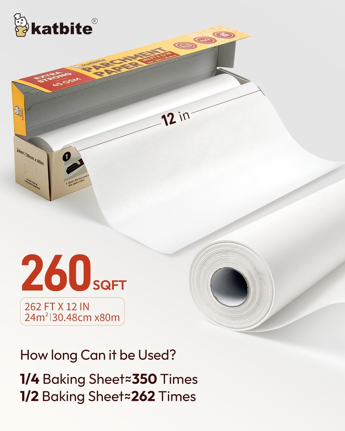 Katbite Heavy Duty Parchment Paper Roll - 12 In x 524 Ft Non-Stick Baking Paper for Cooking & Grilling