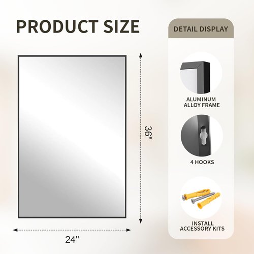 FICTOR Bathroom Vanity Mirror - Shatterproof & Anti-Rust, 36" x 24" Wall-Mounted Black Rectangle Mirror