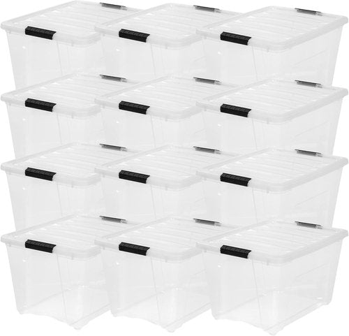 IRIS USA 54 Qt Stackable Plastic Storage Bins - BPA-Free, Durable Lids, 12 Pack | Clear Organizing Solution