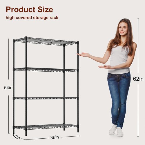 BestOffice | Heavy-Duty 4-Tier Wire Storage Shelves | 36x14x54 | Black | Adjustable Racks | Easy No-Tool Assembly