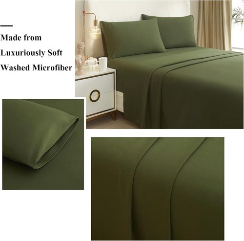 HighBuy Queen Sheet Set - Luxury Cooling Bed Sheets with 4 Pieces | Army Green, Easy Care & Deep Pocket