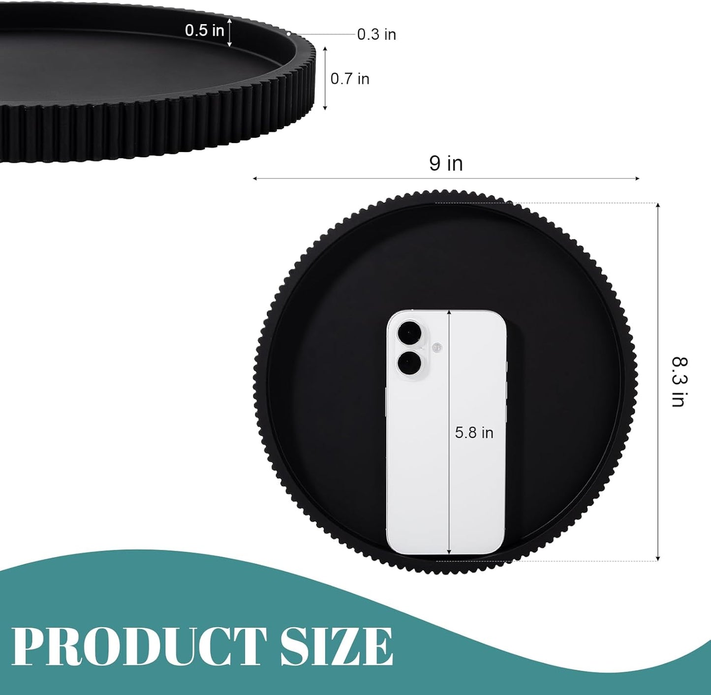 Skiennix Silicone Bathroom Tray - Round Kitchen Counter Organizer for Perfume & Candles | 9 Inch, Black